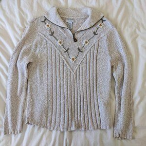 Vintage Cotton Knit Floral Embroidered Quarter-zip Sweater, Size M